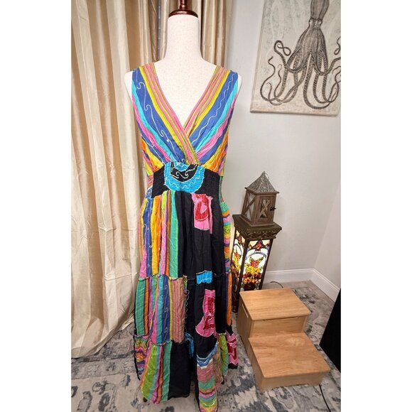 VTG Boho Babydoll patchwork L Maxi Dress Tiered Skirt Fairy Festival Whimsigoth - Picture 1 of 9